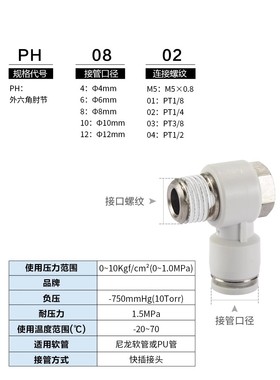 气动气管PH外六角弯头90度快速快插接头4 6 8 10 12-01 02 03 04