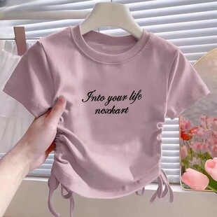 纯棉女童T恤童装短袖新款夏季儿童中大童上衣短款洋气抽绳上衣潮