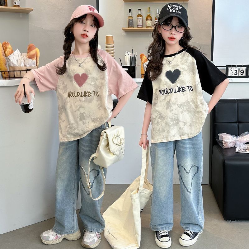 中大童女童夏季短袖新款插肩袖T恤小清新网红半袖休闲潮流上衣服