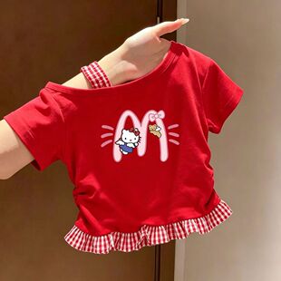纯棉女童短袖T恤印花2026夏季卡通露肩上衣格子花边甜美宝宝半袖