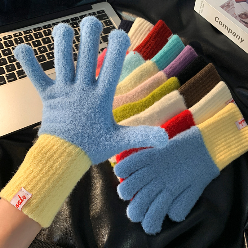 彩色针织仿羊绒手套女冬季新款触屏加绒保暖加厚防寒学生骑行手套