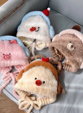 可爱毛绒针织护耳帽女粉色小猪雪人显脸小毛线帽保暖套头雷锋帽子