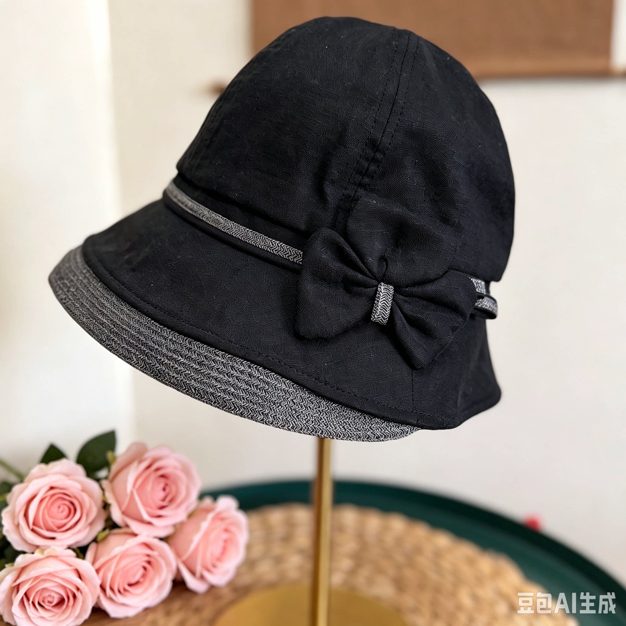 【黑色魅惑】仅一个哦黑色花朵渔夫帽棉麻盆帽卷边春夏秋防晒帽女