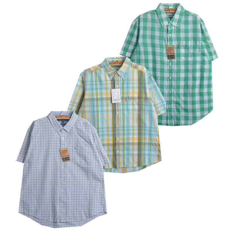 宽松港味韩版单排多扣短袖棉格衬