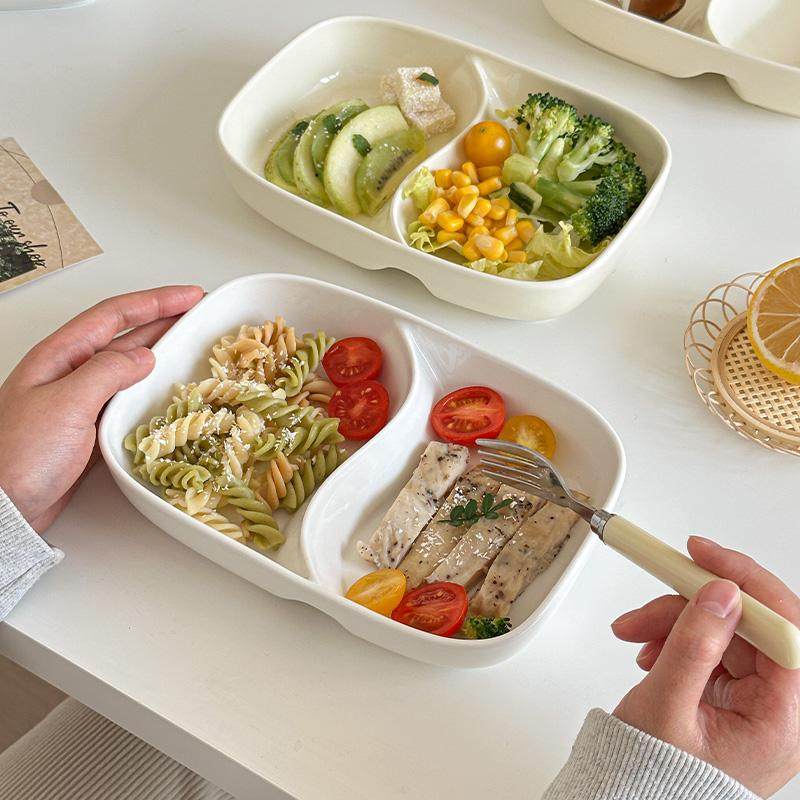 穆尼ins白色奶黄长方形分格餐碗减脂餐沙拉碗轻食一人食餐碗菜盘