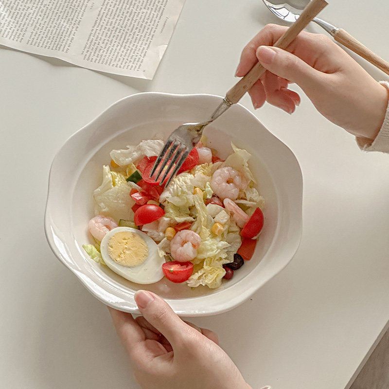 穆尼 ins白色法式花边陶瓷碗家用甜品碗沙拉水果碗简约不规则汤碗