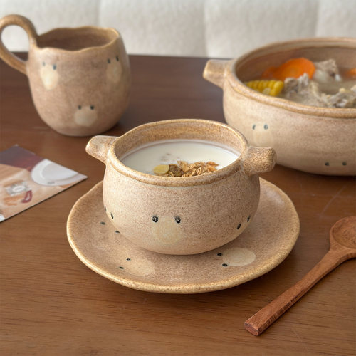 复古手作粗陶双耳汤碗