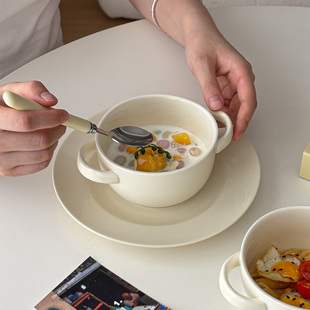 简约ins奶黄色双耳陶瓷小碗麦片早餐酸奶碗甜品碗汤碗高级感 穆尼