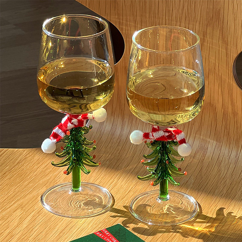 穆尼 韩式ins风圣诞酒杯彩色玻璃酒杯圣诞树装饰高脚红酒杯香槟杯