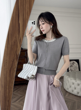 张涩涩 26夏“银河星系”前后两穿 灰色亮片拼色针织开衫上衣
