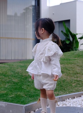 Shyelephant2021秋白色宫廷风蕾丝拼接上衣四角裤（不退换