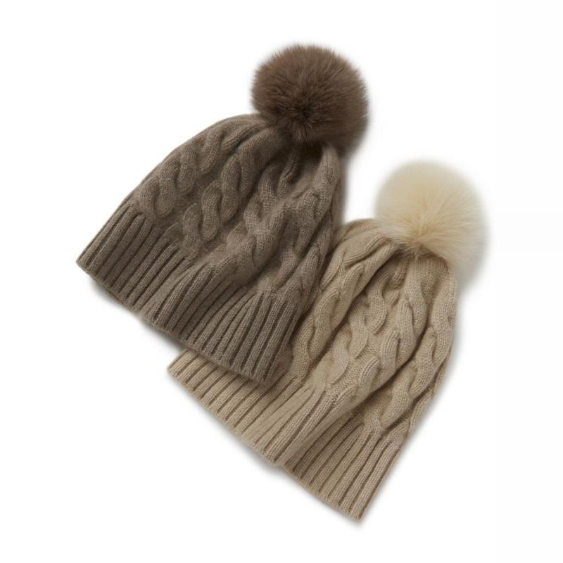 加厚针织外贸出口狐狸毛球羊帽子