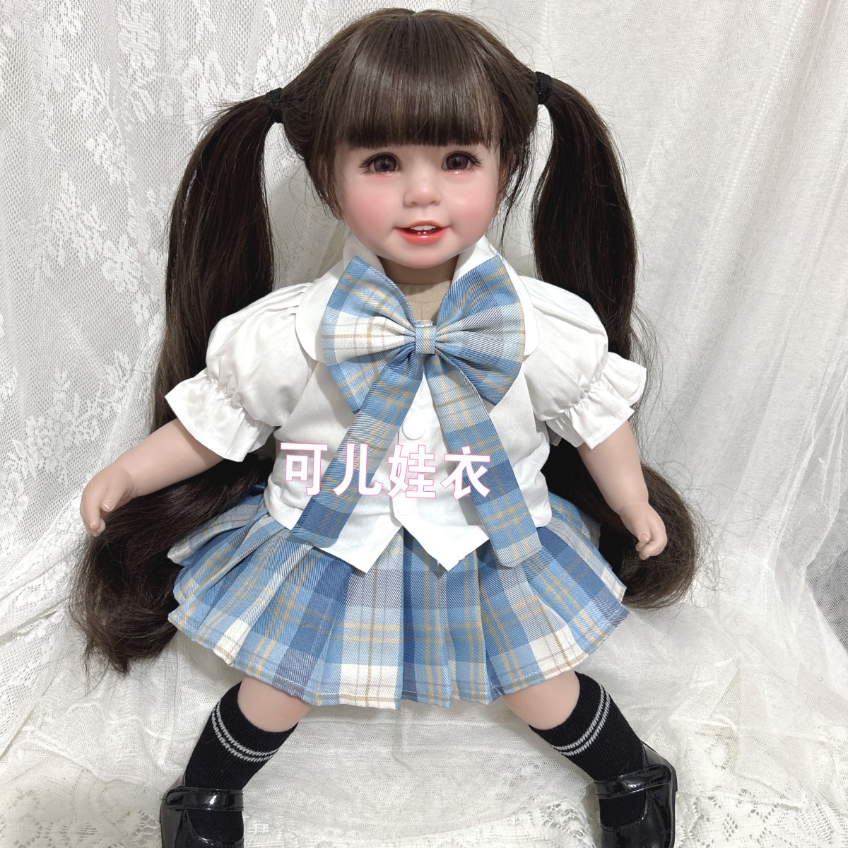 50-55cm重生娃娃衣服女孩JK裙子套装衬衫蓝色格子短裙两件套制服图片