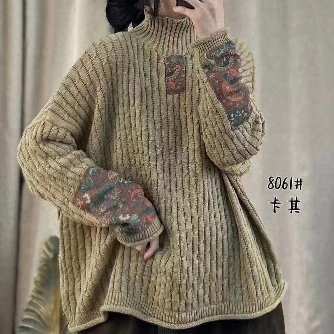 红色新款纯棉线女装半高领毛衣宽松加厚针织打底衫复古风文艺休闲