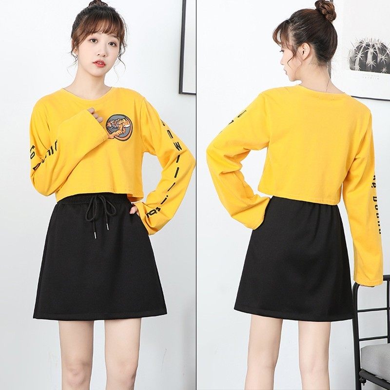 春秋新款大码A字短裙女抽绳松紧高腰显瘦休闲运动口袋半身裙黑灰