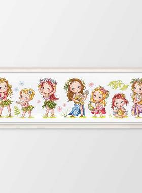 DMC线小小鱼卡通十字绣套件 韩式SODA-G123跳草裙舞的可爱女孩们