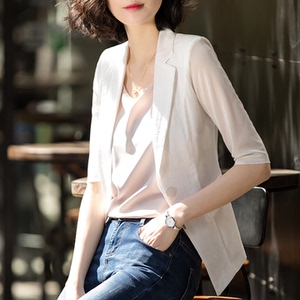 夏装新款显瘦开衫五分袖雪纺短款棉麻小西装薄网纱披肩外套女西服