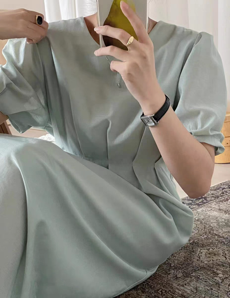 法式复古泡泡袖连衣裙女夏季棉麻连衣裙