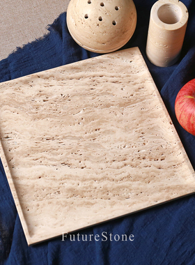 轻奢天然米白洞大理石正方形托盘饰品置物台香薰托盘酒店桌面收纳