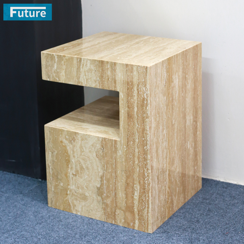 FutureStone天然大理石米白洞C型边几客厅玄关家用装饰摆件方桌子