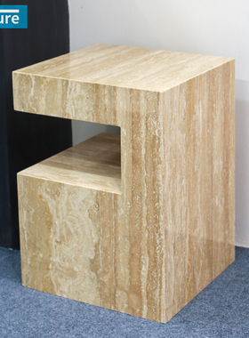 FutureStone天然大理石米白洞C型边几客厅玄关家用装饰摆件方桌子