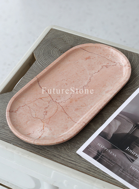 奶油风天然粉色大理石托盘浴室香收纳摆设香薰蜡烛洗手台置物盘