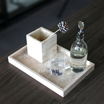 复古天然米白洞石大理石长方形托盘酒店公寓卧室客厅置物盘收纳盘