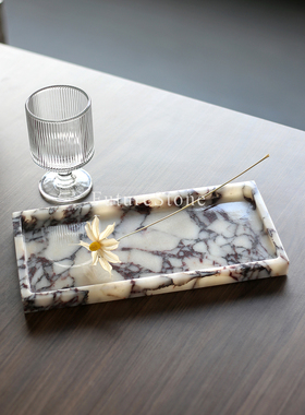 欧式轻奢天然卡紫大理石长方形小托盘香薰蜡烛置物盘酒店装饰摆件