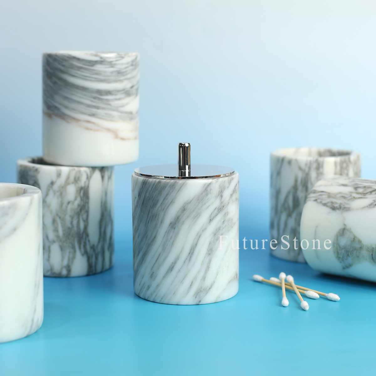 圆形棉签罐大花白天然大理石立柱浴室摆件现代简约轻奢高级感奢石