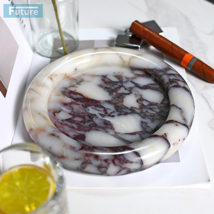 意式轻奢天然卡紫大理石圆形托盘首饰装饰盘装饰品酒店高端摆件