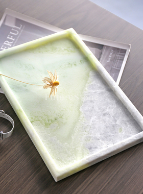 轻奢天然绿色大理石长方形托盘浴室乳液瓶置物盘护肤品化妆品收纳