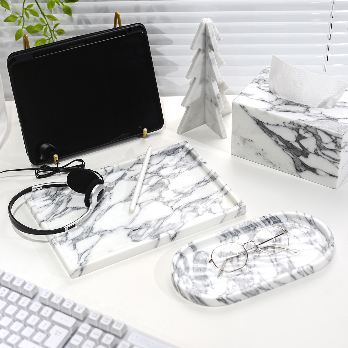 轻奢天然大花白大理石长方托盘浴室乳液瓶置物盘护肤品化妆品收纳