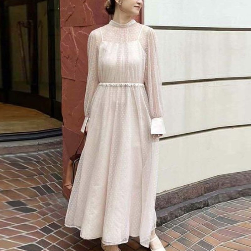 2024夏季新品日系甜美可爱立领长袖薄款透视长袖连衣裙0141090030