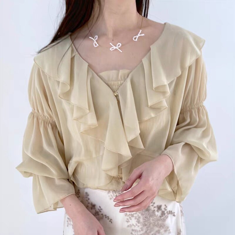 春季新品日系甜美可爱风不规则领长袖衬衫NWO60990EM