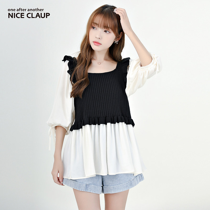 Nice Claup夏新品可爱小个子两件套针织雪纺女套头衫138820300C