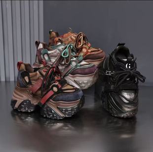 IG/IG增高10CM2025冬季新款运动老爹鞋加绒厚底松糕底女真皮鞋子