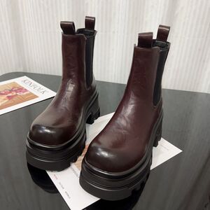 真皮厚底马丁靴女2024秋季新款复古擦色牛皮高跟切尔西靴烟筒靴女