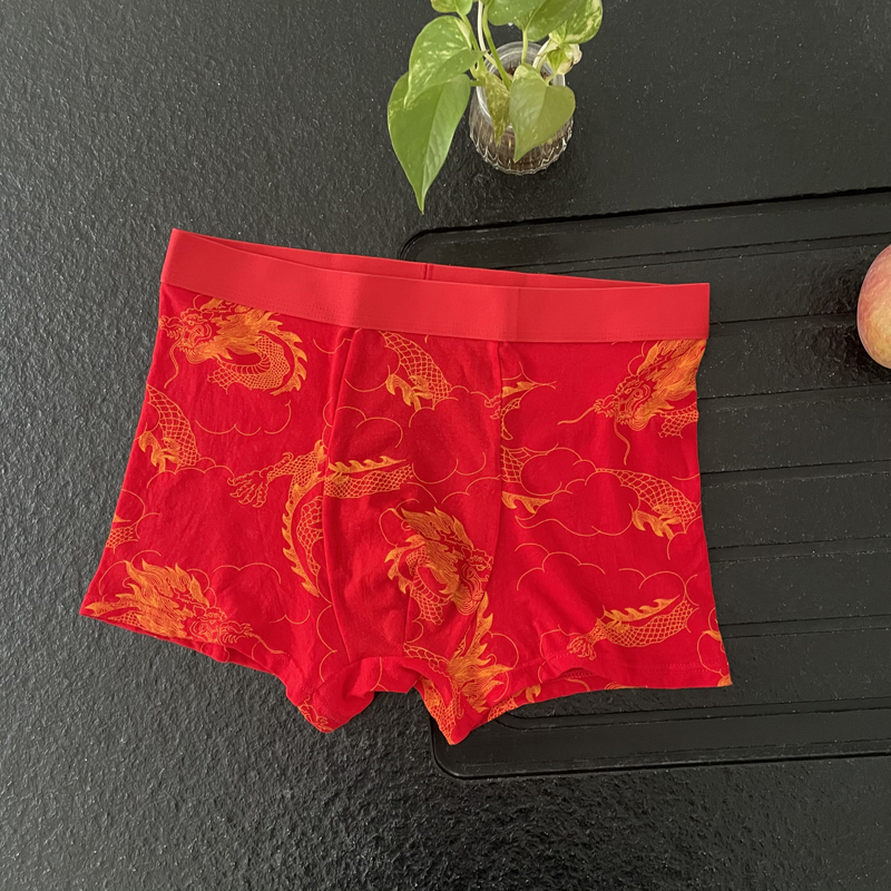 男内裤纯棉质93%红色平角裤龙纹