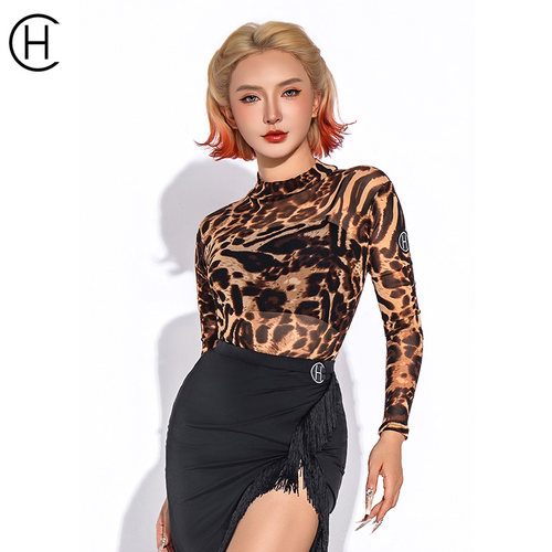 性感豹纹网纱上衣长袖拉丁舞服装