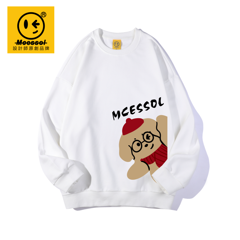 Mcessol设计师原创品牌眼镜卡通小熊印花长袖卫衣男女中性风白色
