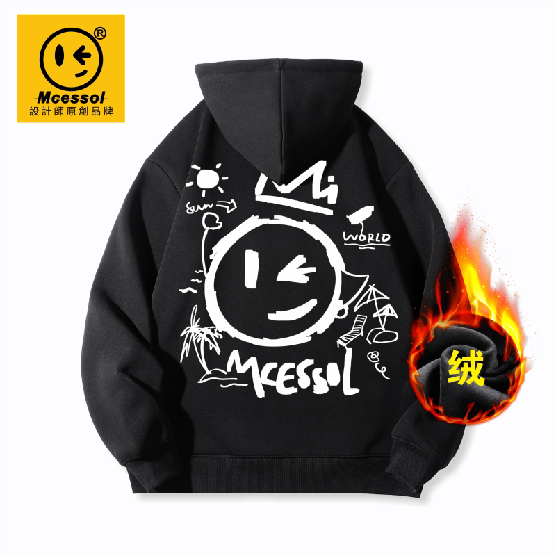 Mcessol设计师原创品牌创意皇冠笑脸印花套头连帽卫衣男女加绒