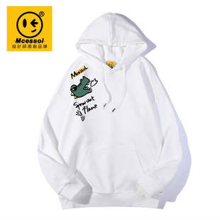 Mcessol设计师原创品牌喷火卡通鳄鱼印花连帽卫衣男女白色宽松