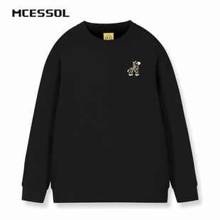 Mcessol设计师原创品牌卡通马图案胸花无帽衫卫衣男女黑色本命年