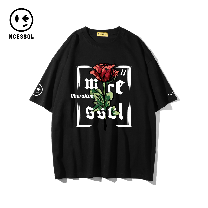 Mcessol字母玫瑰花短袖t恤男女中性风复古潮牌街头大码学生情侣装