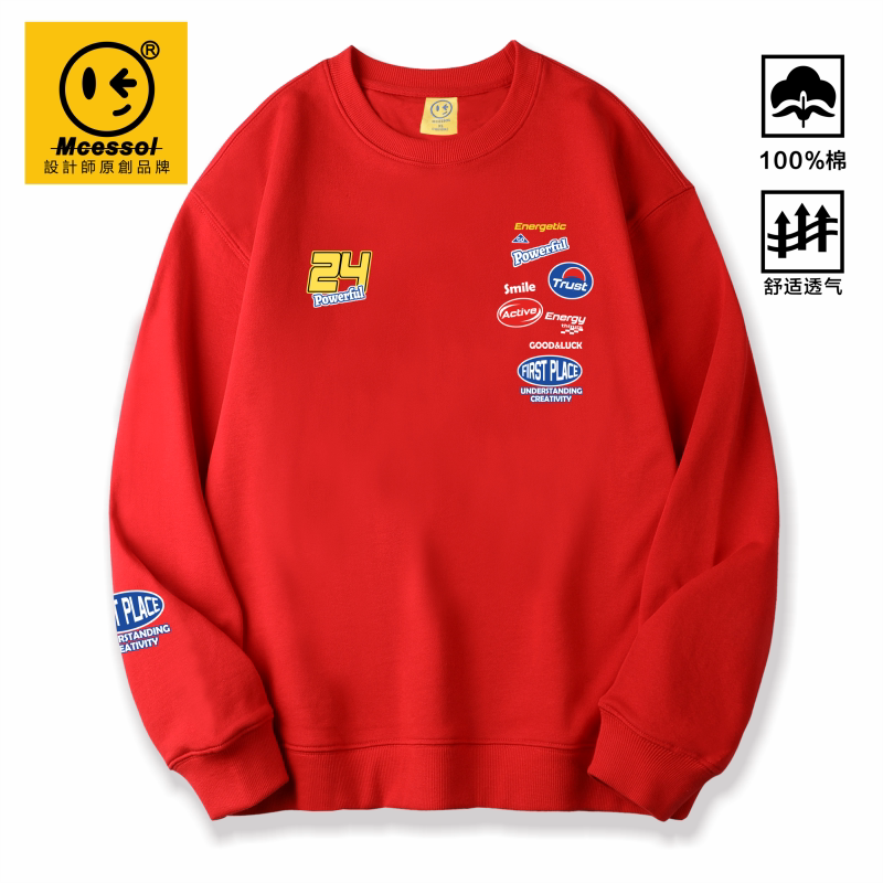 Mcessol设计师原创品牌彩色胸章字母英文套头卫衣男女红色本命年