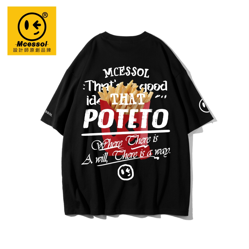 Mcessol设计师原创品牌涂鸦薯条英文印花落肩短袖t恤男女同款纯棉