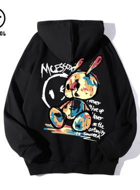 Mcessol设计师原创品牌涂鸦卡通兔子印花套头连帽卫衣男潮流帽衫