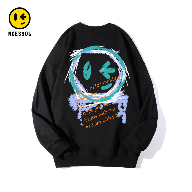 Mcessol设计师原创品牌涂鸦笑脸字母印花无帽衫卫衣男女潮流休闲
