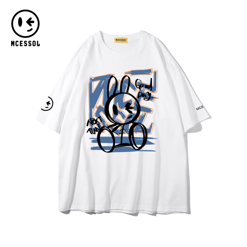 mcessol手绘卡通兔子印花短袖t恤男女同款韩版潮流休闲上衣体恤