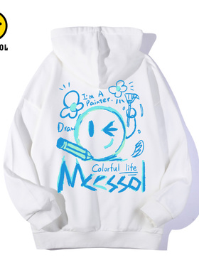 Mcessol设计师原创品牌手绘笑脸印花纯棉连帽卫衣男oversize宽松